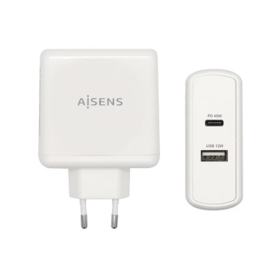 AISENS Cargador 57 W, 1x USB-C PD3.0 45 W, 1x USB-A 5 V  2.4 A 12 W, Blanco