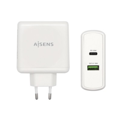 AISENS Cargador 48 W, 1x USB-C PD3.0 30 W, 1x USB-A QC3.0 18 W, Blanco