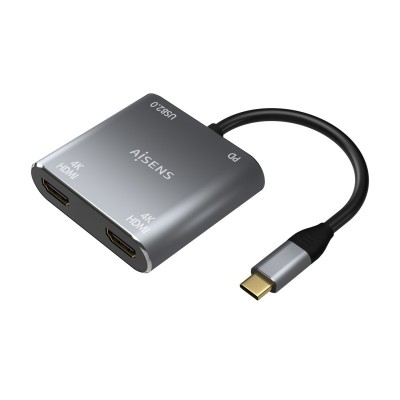 AISENS Conversor USB-C a 2XHDMI 4K SST MSTUSB2.0USB-C PD 60W, USB-CM-2XHDMIH-USB-AH-USB-CH, Gris, 15CM