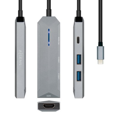 AISENS USB-C dock 4 en 1, USB-C a 1xHDMI, 2xUSB, 1xPD, Gris, 15 cm