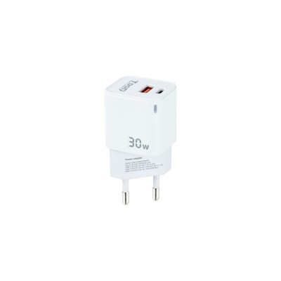 TooQ Cargador de Pared GaN USB-CPD + USB-AQC 30W, Blanco