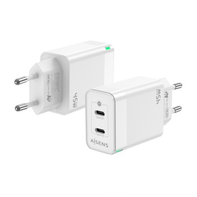 AISENS Cargador Gan 45W, 2xUSB-C PD3.0 QC4.0, Blanco