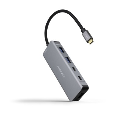 Nanocable HUB USB-C 6 en 1, Conversor USB-C 3.2 GEN1 5G a 2 x USB-A + 2 x USB-C + HDMI + USB-C PD 100W, Aluminio, 15 cm, Gris