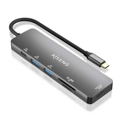 AISENS USB-C Dock 6 EN 1, USB-C a 1xHDMI, 2xUSB-A, 1xUSB-C PD 100W, 1xSD, 1xMicro SD, Gris, 15cm