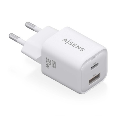 AISENS Cargador Gan 30W, 1xUSB-C PD3.0 QC4.0, 1xUSB-A QC3.0, Blanco