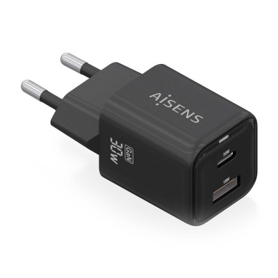 AISENS Cargador Gan 30W, 1xUSB-C PD3.0 QC4.0, 1xUSB-A QC3.0, Negro