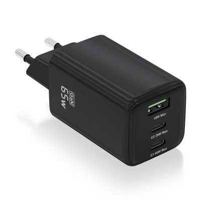 AISENS Cargador Gan 65W, 2xUSB-C PD3.0 QC4.0, 1xUSB-A QC3.0, Negro