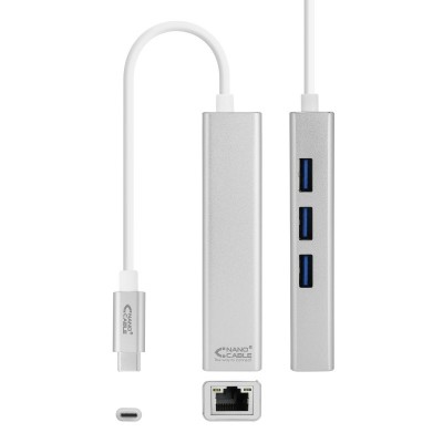 Nanocable Conversor USB-C a Ethernet Gigabit + 3xUSB 3.0, Plata, 15 cm